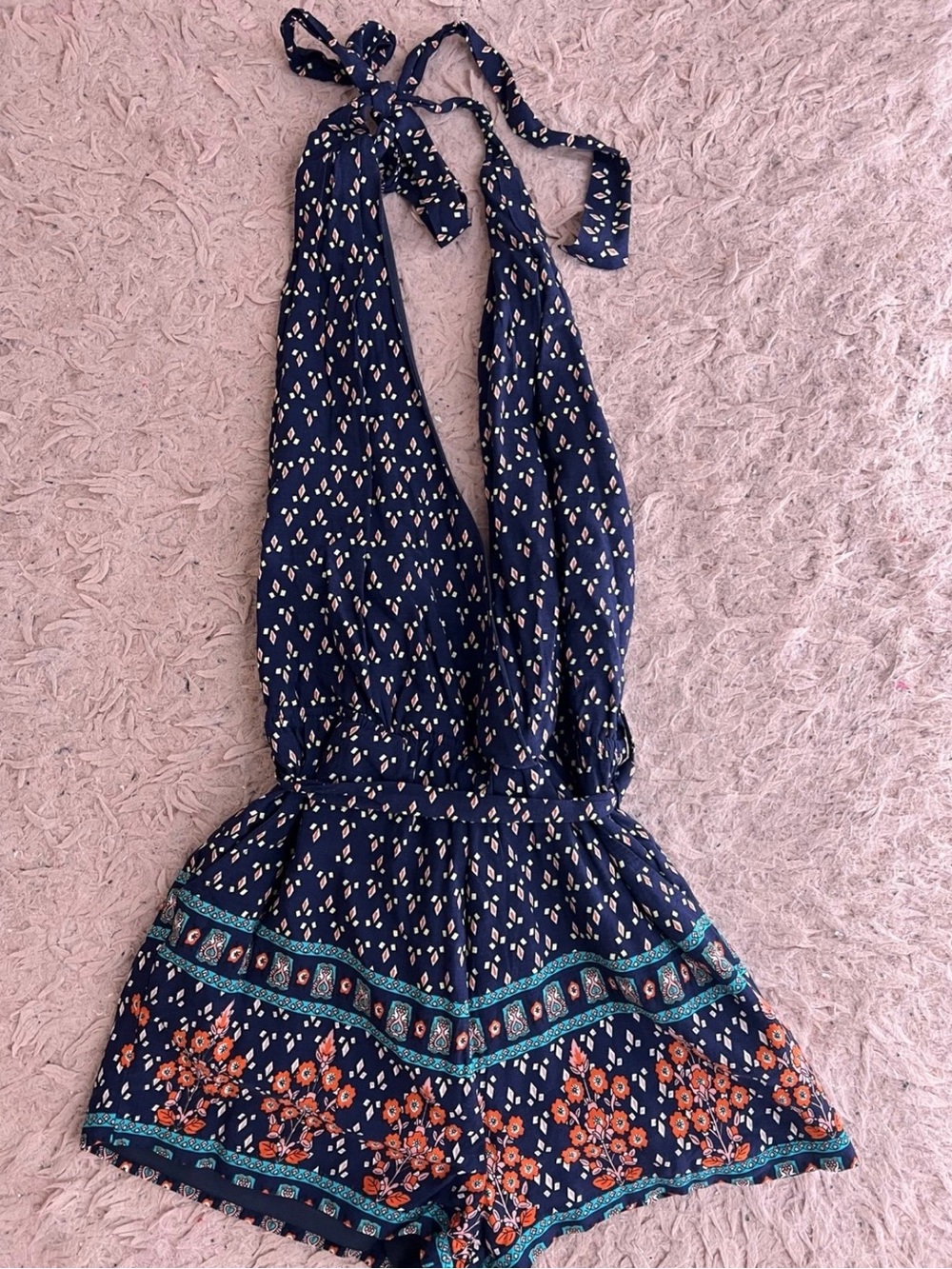 Navy Halter-Back Floral-Trim Girls' One-Piece Romper